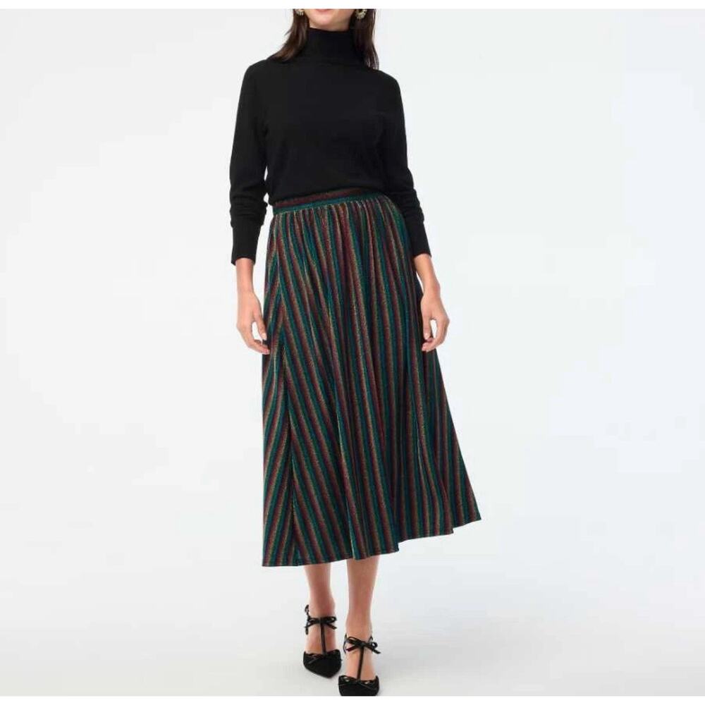 J. Crew Factory Black Green Red Striped Midi Skirt